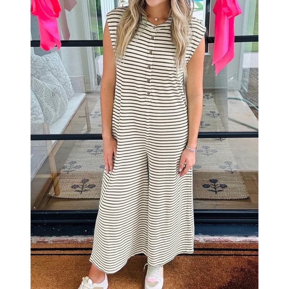 Antinson Waffle Cream Brown Striped Jumpsuit Wide Leg Women's Size M Sleeveless